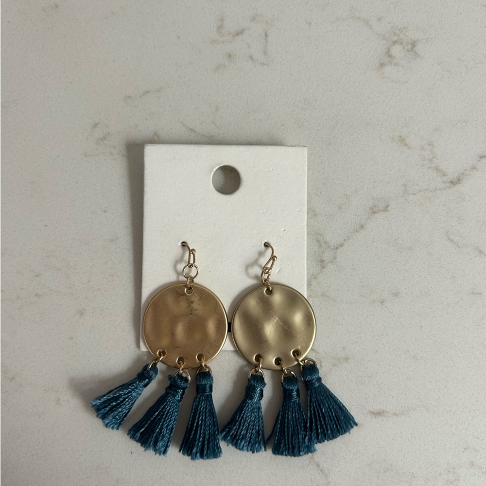 Express Gold Disc Earrings with Teal Tassels